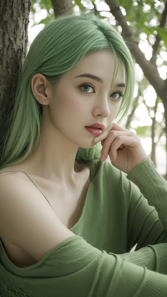 beautiful plant girl，Tree God，Green hair，With branches and leaves，Clear and refined face，（Close-up of the face），wearing leaf clothes，The background is forest，tmasterpiece，illustration