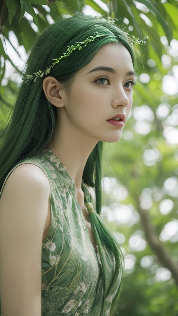 beautiful plant girl，Tree God，Green hair，With branches and leaves，Clear and refined face，（Close-up of the face），wearing leaf clothes，The background is forest，tmasterpiece，illustration