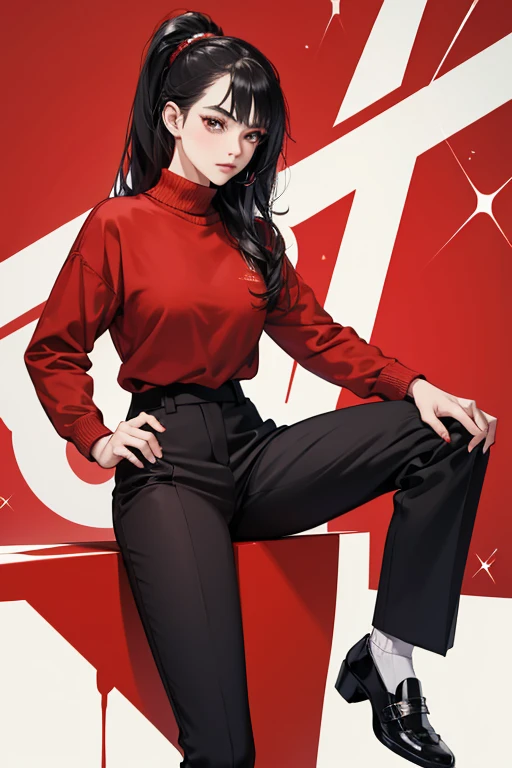 Rhonda always wears her red sweater with white collar and long black pants. Though Rhonda always wears shoes that are red, the style of shoe. SPARKLE; GLITTER