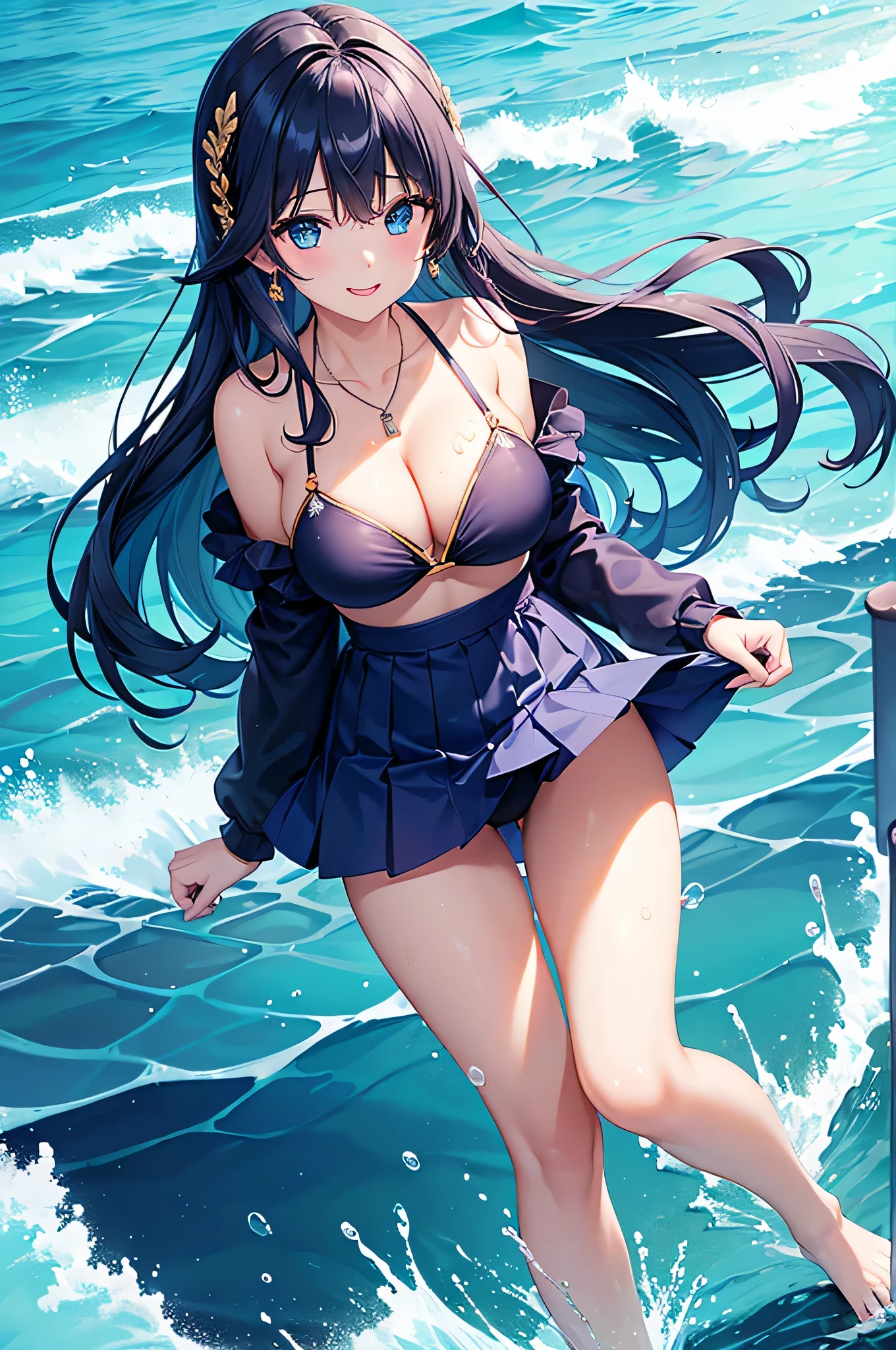 highest quality、Highest quality、masterpiece、beautiful girl、((1 female:1.5))、Navy blue long hair、blue eyes、Sexy bikini in dark blue、Big cleavage、(Big Breasts),smile、necklace、Blue earrings、situation(Swimming in the sea、Waveless ocean:1.3)、Open your mouth wide、Navy blue short skirt、white headband、Standing and immersing your feet in seawater up to your thighs、super close range、Emphasize the chest