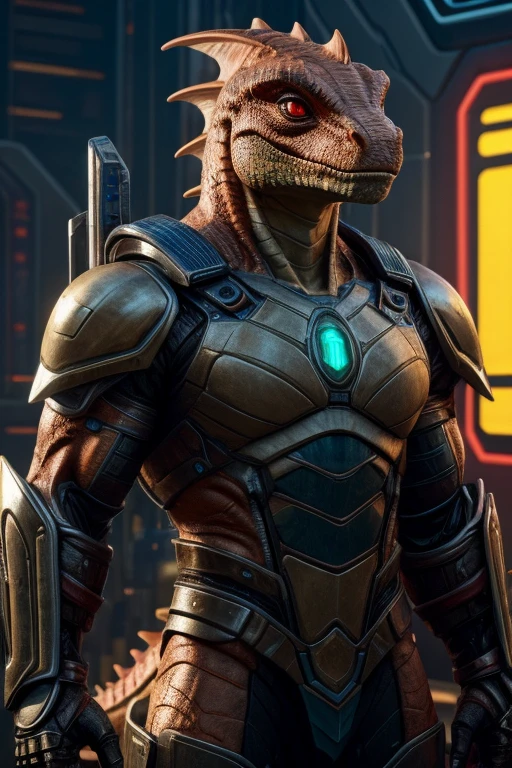 portrait, masterpiece, cinematic, detailed face, (alien antropomorph reptile), (male), large, bulky, muscular, orange skin, scaly skin, reptile eyes, red eyes, standing up, wearing armor, futuristic armor, serious expression