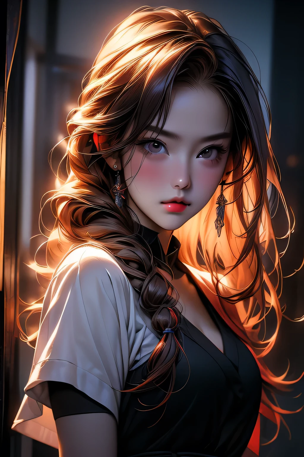 Portrait of a beautiful 18 year old girl, Redhead, Gorgeous Chinese, Cotton panties, At the entrance, (dark private office, Dark and gloomy light: 1.2), Upper body portrait、masterpiece, 最high quality, high quality, High resolution,, Braided hair、