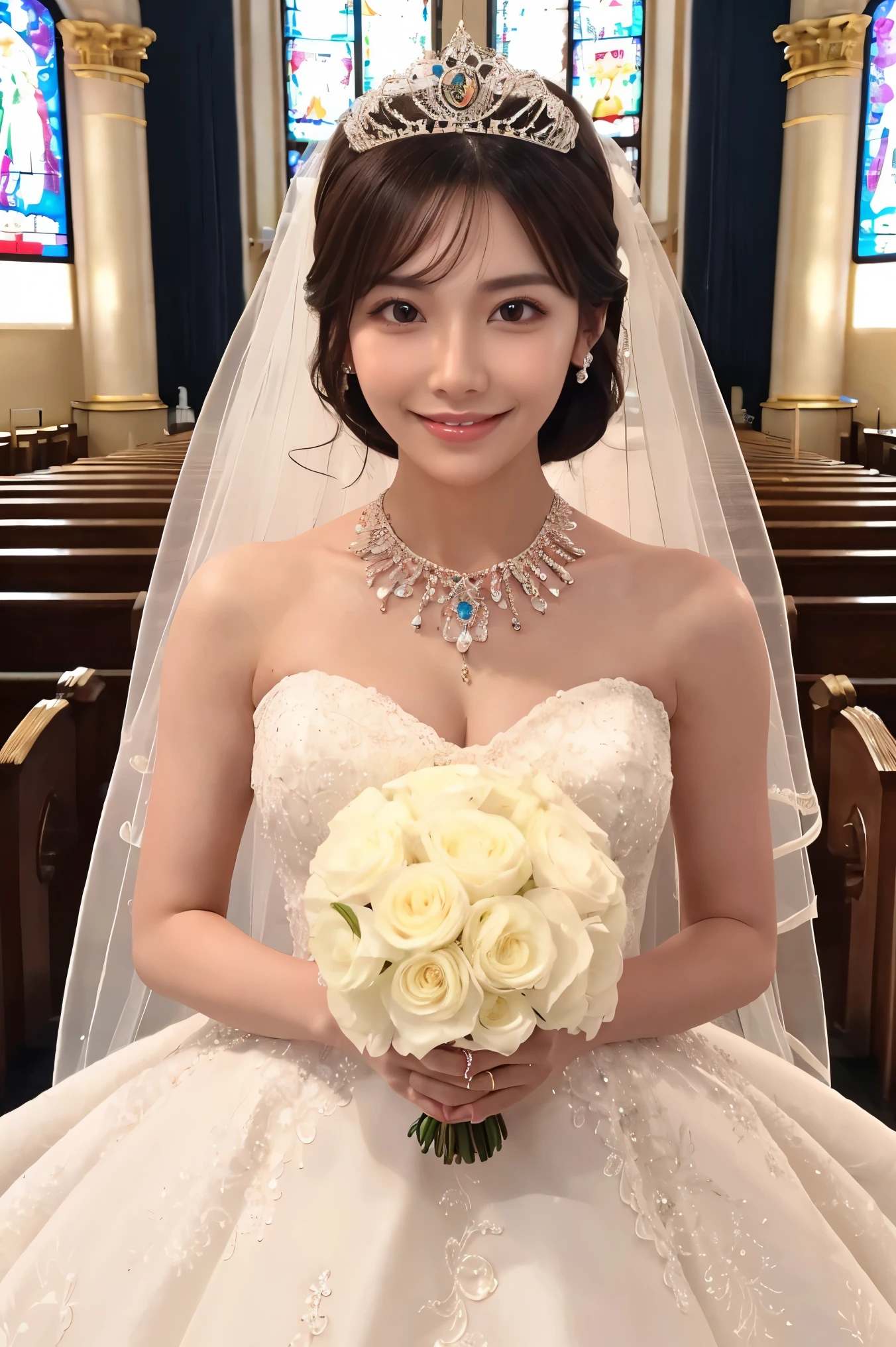 (highest quality、Tabletop、8k、Best image quality、Award-winning works)、One beautiful bride、(alone:1.1)、(The most extravagant and luxurious huge wedding dresses:1.1)、(Perfect Wedding Lace:1.2)、(The most luxurious and luxurious giant tiara:1.1)、(The most luxurious and luxurious giant necklace:1.1)、Look at me with your best smile、A large amount of the finest jewelry、Upper body photo、Perfect Makeup、Long eyelashes、Ultra-high definition sparkling eyes、Ultra HD Hair、Ultra High Resolution Glossy Lips、Ultra High Resolution Perfect Teeth、Super high resolution beautiful face、(Accurate anatomy:1.1)、(Very bright and beautiful skin:1.2)、(very bright and vivid:1.2)、Short bridal hairstyle、A gorgeous and elegant church、Gorgeous beautiful church