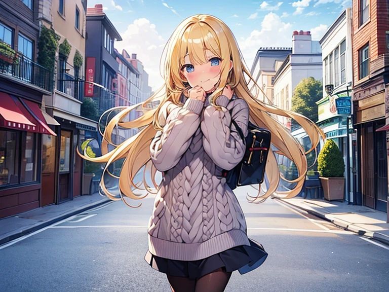 Top quality, 1 beautiful girl, , Blonde, medium length hair, Wavy Hair, Hair blowing in the wind, standard weight, happy, blush, Cable-knit Sweater, (main street), beautiful scene, full body