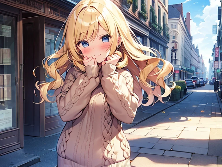 Top quality, 1 beautiful girl, junior high school student, Blonde, medium length hair, Wavy Hair, Hair blowing in the wind, standard weight, happy, blush, Cable-knit Sweater, (main street), beautiful scene, full body