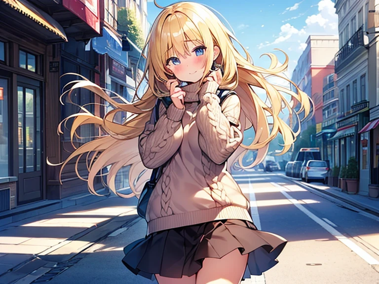 Top quality, 1 beautiful girl, junior high school student, Blonde, medium length hair, Wavy Hair, Hair blowing in the wind, standard weight, happy, blush, Cable-knit Sweater, (main street), beautiful scene, full body