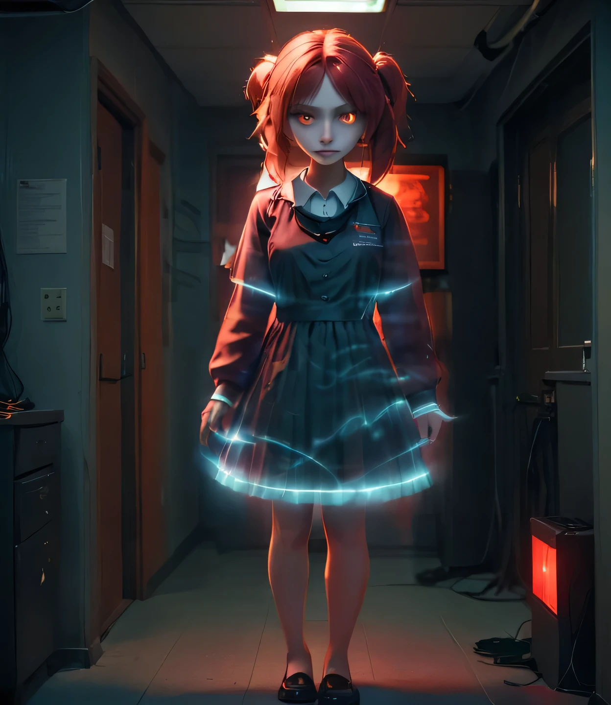 8k, ultra detailed, soft lighting, pmmkr2024, cartoon, best quality, trending on artstation,pony,nice art,perfect art,nice detailed art,nice detailed body,nice detailed face,best quality, 8k, best quality, ultra-detailed , 8K, HD,The Red Queen is a computer system that was created by evilness, there was some good in the program,appearence a  girl.There was a  standing in a dark school hallway，Horror face looking the camera, red lights，atmospheric red lighting, red and cinematic lighting,red bright eyes,cinematic Red lighting, [ horror game ], Scary cinematic lighting, Atmospheric red effect, atmospheric artwork, Sinister dark aura, sistem virus horror, detailed 4k horror artwork, Dark virus hologram :: sport,logistical assistant and navigational aid,full body,hologram