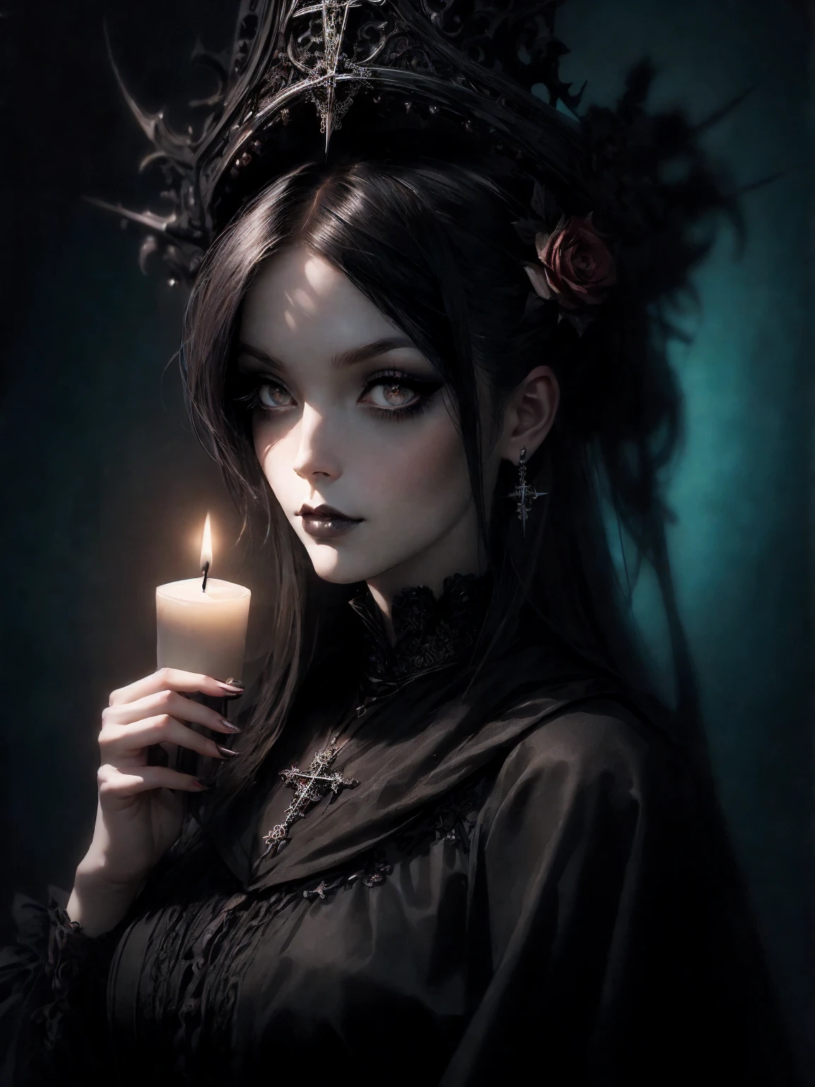 HighestQuali，tmasterpiece：1.2，Detailed details，1 Gothic girl，Black victorian dress，Gorgeous headdress，Bust，Rose flower，crosses，silver ornaments 、redheadwear、blond hair with victorian updo hairstyle 、paleskin、Black lipstick and eye shadow，Accessories include the Cross Medal，Pentagram，crosses，cloaks，shawl，Sexy，chies，a lit candle, portrait
