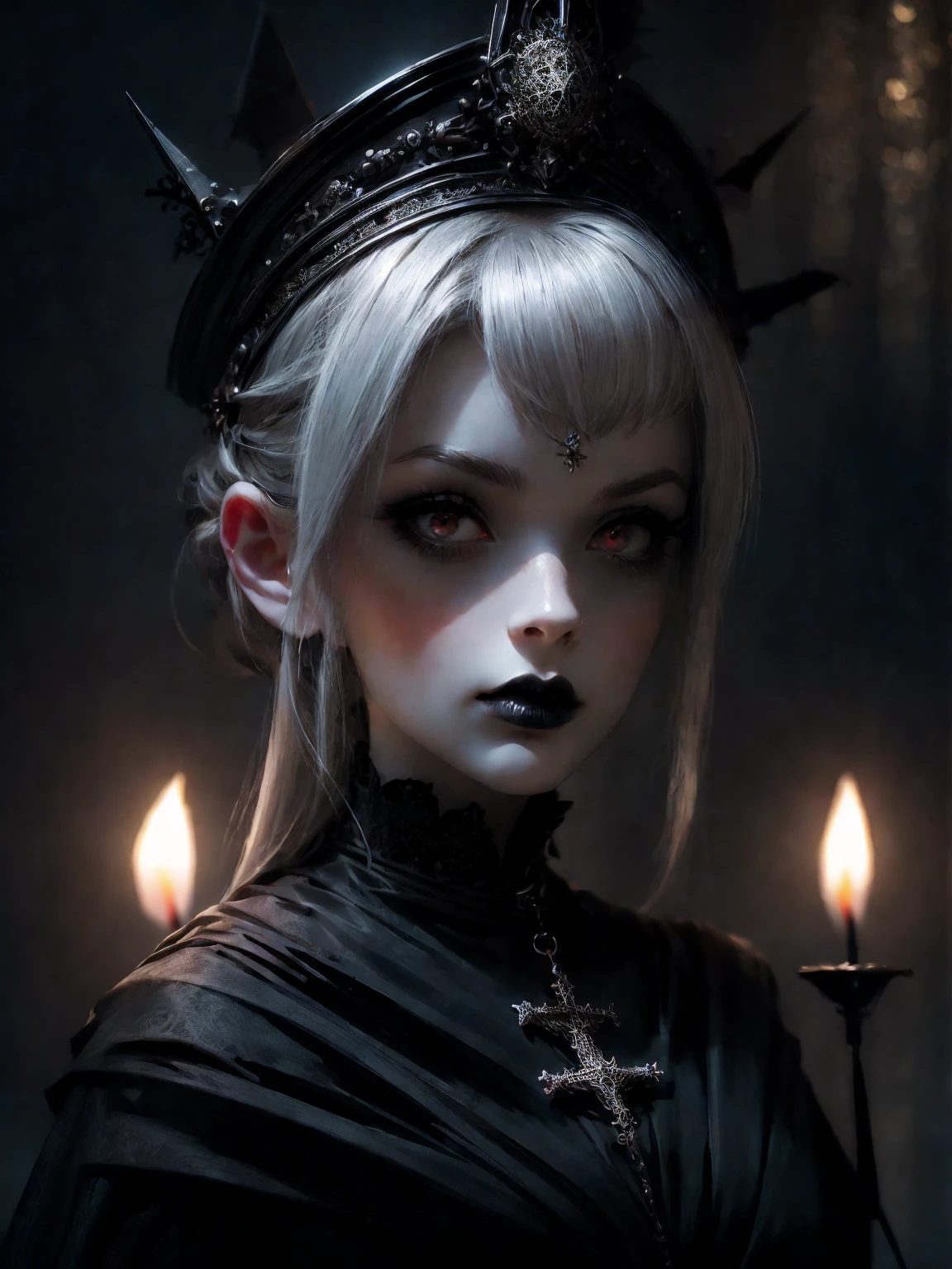 HighestQuali,tmasterpiece:1.2,Detailed details,1 Gothic girl,Black victorian dress,Gorgeous headdress,Bust,Rose flower,crosses,silver ornaments 、redheadwear、blond hair with victorian updo hairstyle 、paleskin、Black lipstick and eye shadow,Accessories include the Cross Medal,Pentagram,crosses,cloaks,shawl,Sexy,chies,a lit candle, portrait