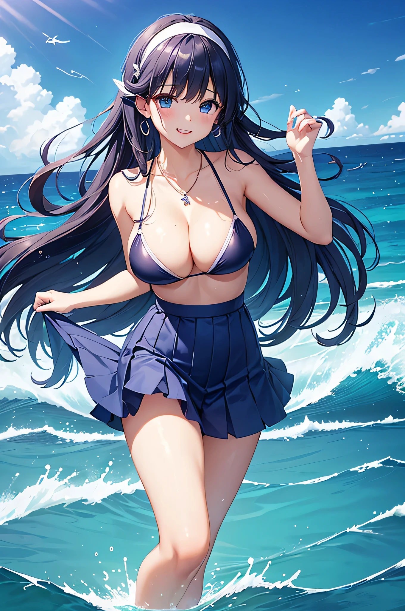 highest quality、Highest quality、masterpiece、beautiful girl、((1 female:1.5))、Navy blue long hair、blue eyes、Sexy bikini in dark blue、Big cleavage、(Big Breasts),smile、necklace、Blue earrings、situation(Swimming in the sea、Waveless ocean:1.3)、Open your mouth wide、Navy blue short skirt、white headband、Standing and immersing your feet in seawater up to your thighs、super close range、Emphasize the chest