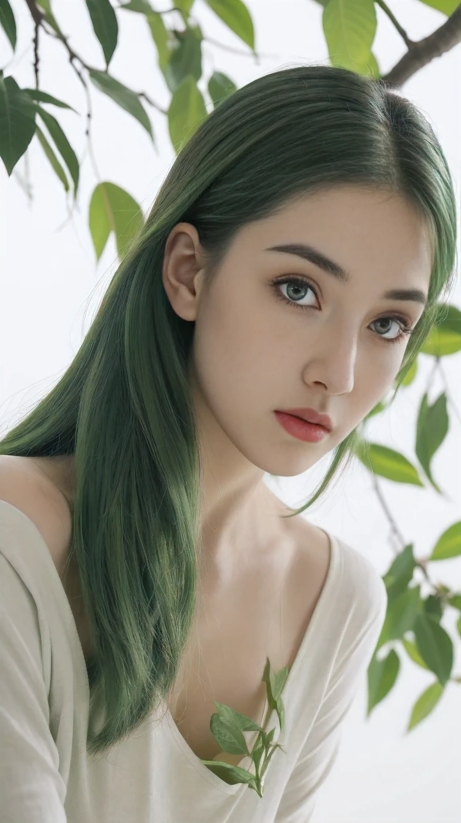 beautiful plant girl，Tree God，Green hair，With branches and leaves，Clear and refined face，（Close-up of the face），wearing leaf clothes，The background is forest，tmasterpiece，illustration