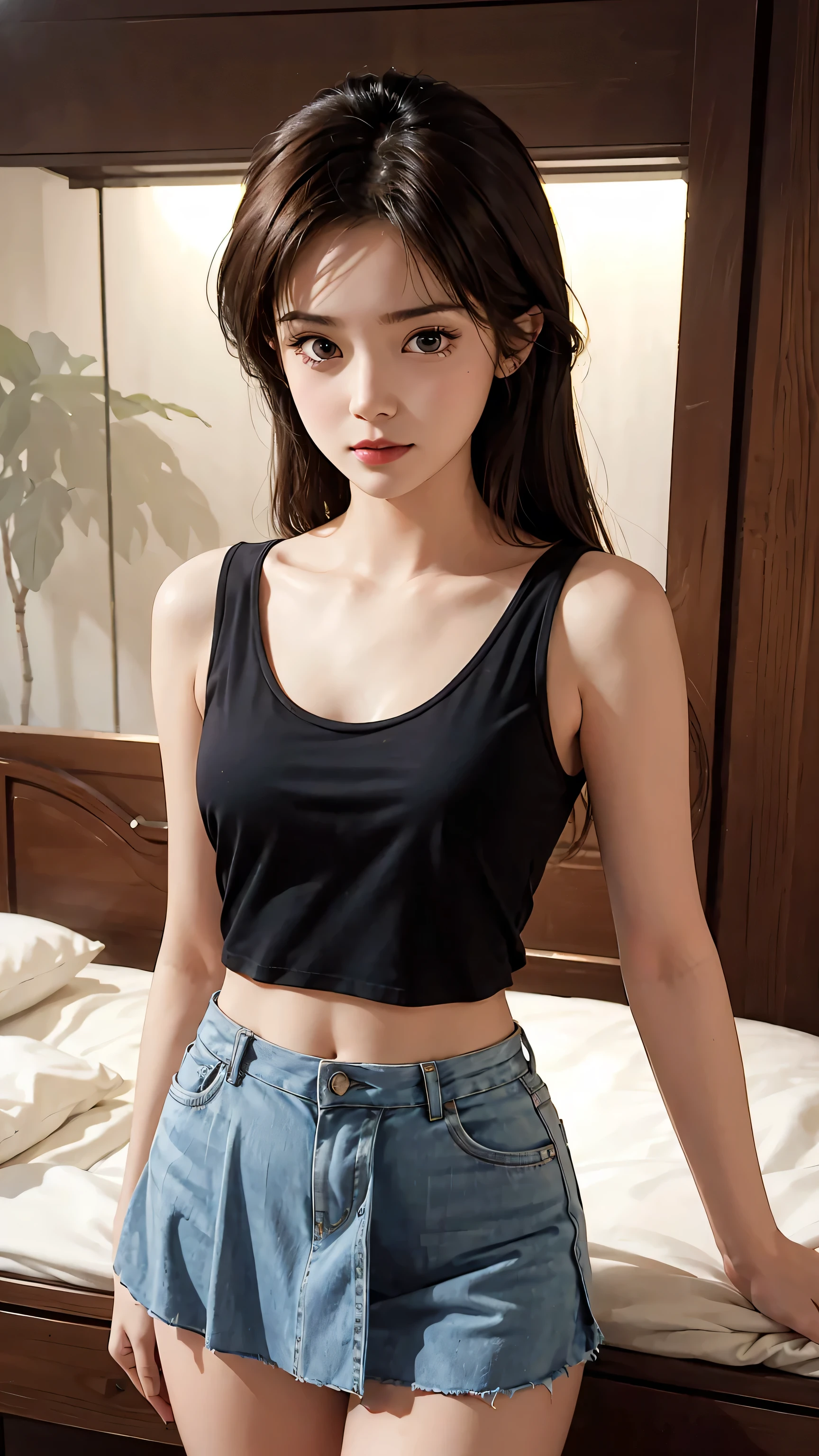 Masterpiece, best quality, super fine, 16k, 17years old, incredibly absurdres, extremely detailed, beautiful woman, amorous and lewd expression,  She is wearing a loose-fitting tank top, and mini skirt, superlative body proportion, bedroom,