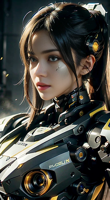 Textured skin, Super Detail, high details, High quality, Best Quality, hight resolution, 1080p, hard disk, a beauty,She wears a futuristic yellow  war machine mech with weapons built into her entire body(War Machine) realistic portrait 8k,