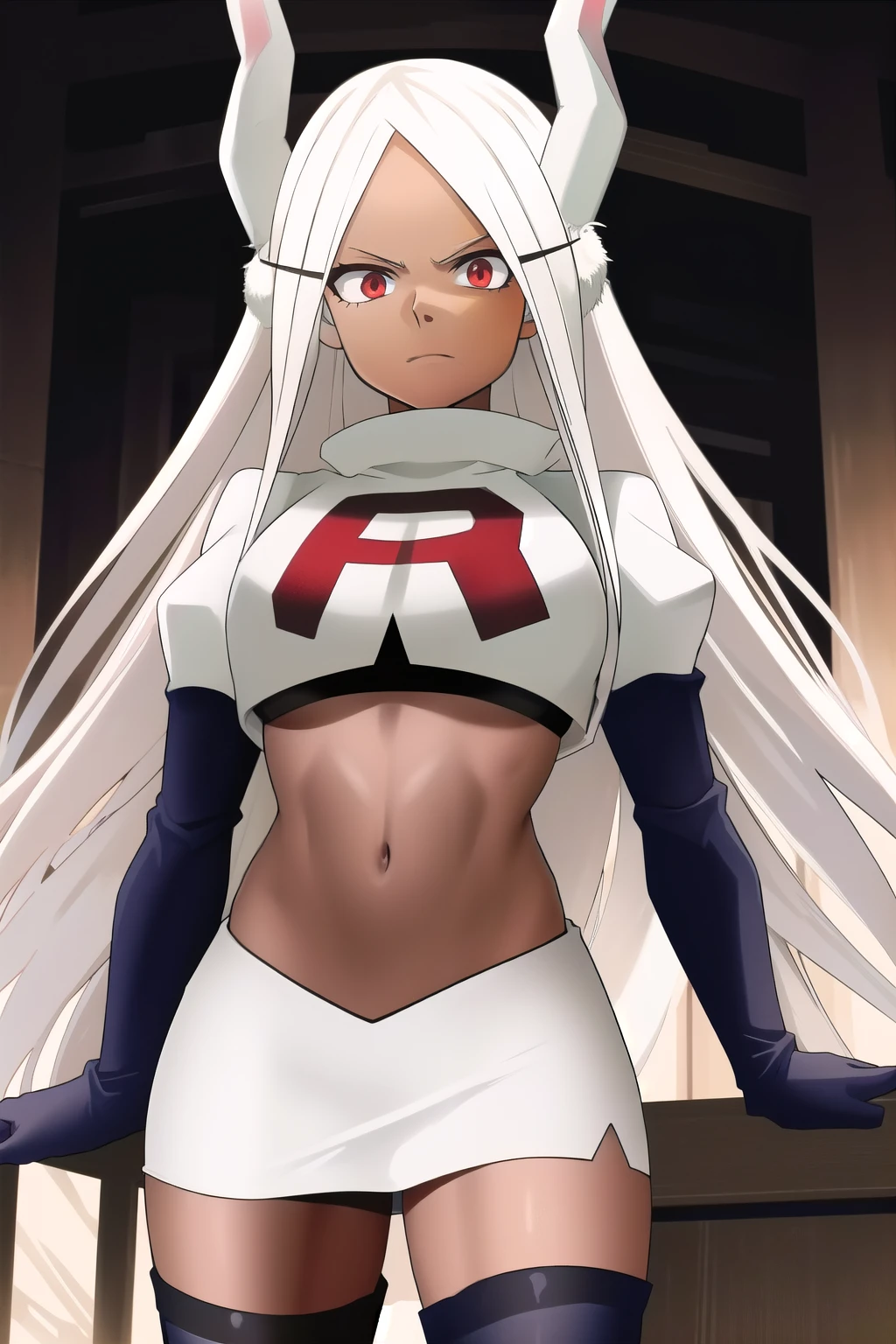 ((best quality)), ((highly detailed)), masterpiece, (detailed eyes, deep eyes), (1girl), (cowboy shot), mirkomha, boku no hero academia, white hair, very long hair, (red eyes), ((dark skin:1.3)), muscular female, rabbit ears, large breasts, team rocket,team rocket uniform,white skirt,red letter R,crop top,black thigh-highs,black elbow gloves