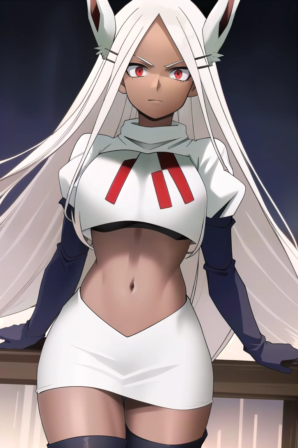 ((best quality)), ((highly detailed)), masterpiece, (detailed eyes, deep eyes), (1girl), (cowboy shot), mirkomha, boku no hero academia, white hair, very long hair, (red eyes), ((dark skin:1.3)), muscular female, rabbit ears, large breasts, team rocket,team rocket uniform,white skirt,red letter R,crop top,black thigh-highs,black elbow gloves