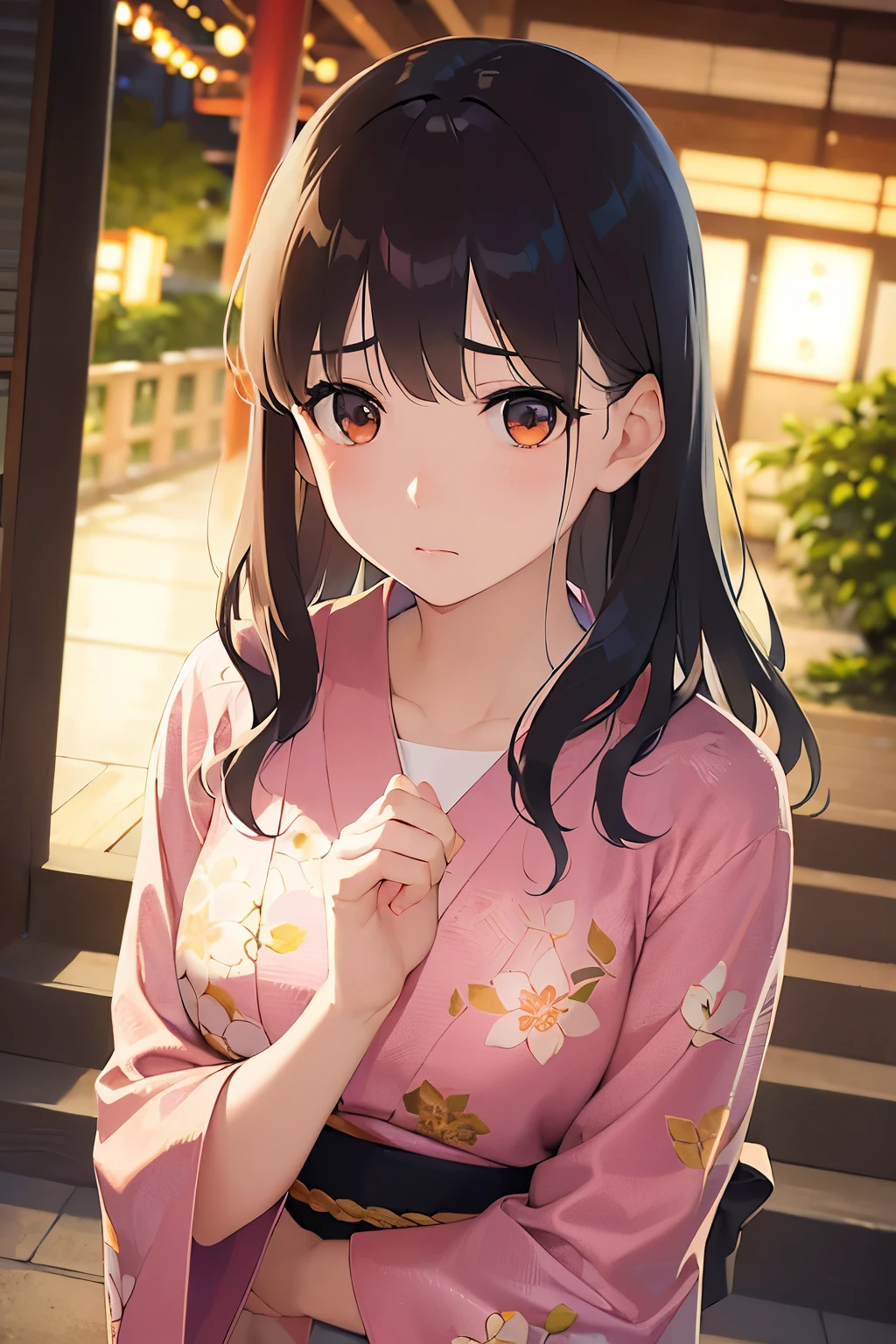 looking up, Biologically correct five fingers、A close-up of your face、Realistic, real person, (pale skin: 1.2), RAW photo, photorealistic, shiny skin, shiny hair、(25 year old woman with bangs) and (wavy hair) and (brown hair) and (orange eyes) , (yukata) and (pink) and (Floral patterns)、(sad:1.3), The background is a Japanese park at night、Alone、Are standing