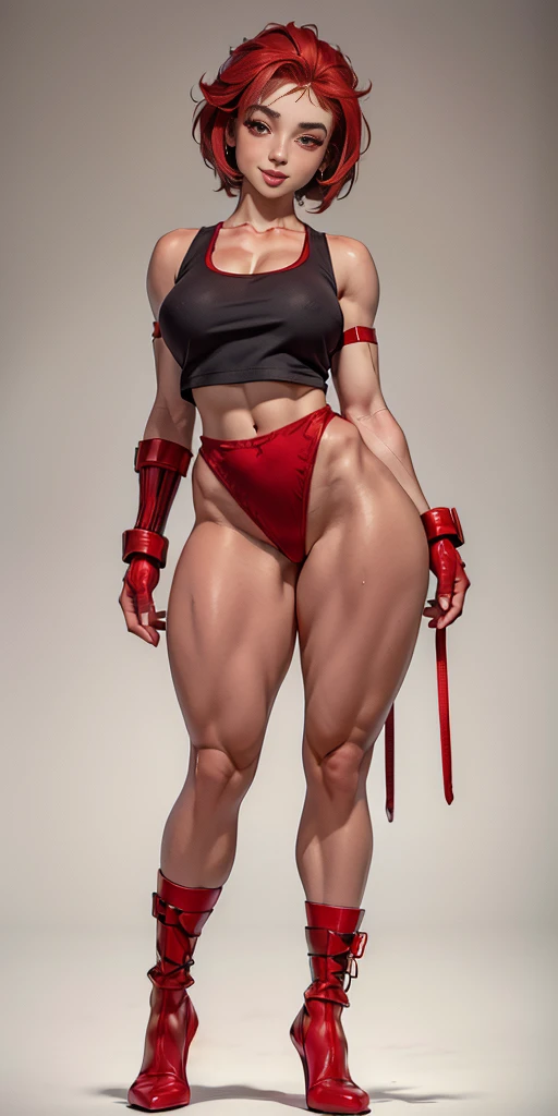 (plain background, 8k, best quality, masterpiece, realistic, photo-realistic:1.37) (full body height standing straight symmetrical contrapposto) (looking at viewer) 2legs apart (wide stance) ultra detailed, 1solo cute girl (beautiful detailed eyes) (smile:1.2) ((red cheeks, red eyes, red tank top, red thong, red gloves gauntlets, red stockings thighs))
