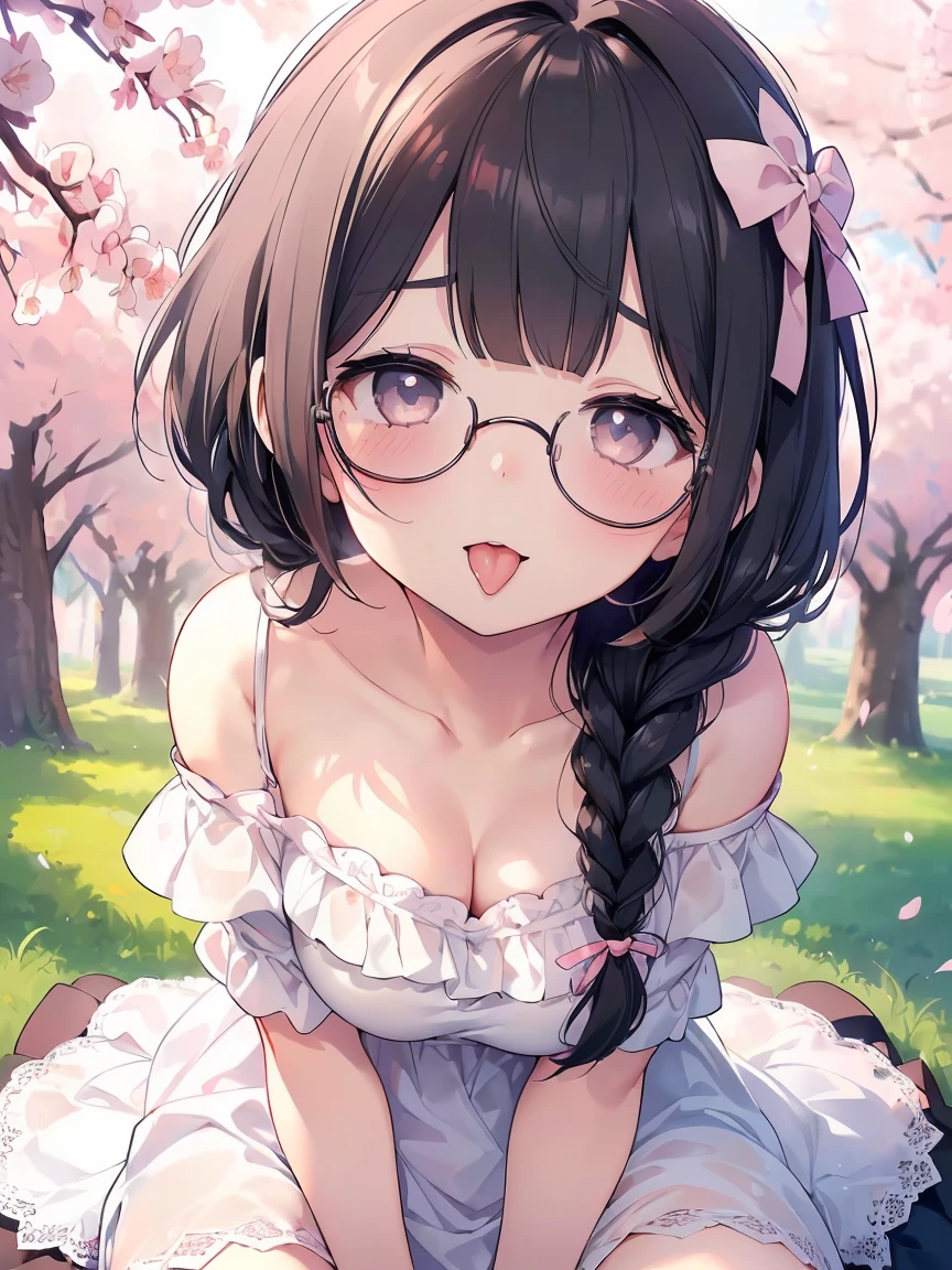 Very detailed, highest quality, High resolution, Moe Anime, ((A cute elementary school girl with black hair and droopy eyes)), ((Wearing large round glasses:1.4)), (Baby Face), Cute eyes, Detailed eye depiction, Sparkle in the eyes, View your viewers, Pale skin, (Big eyes:1.4, Droopy eyes:1.4, Fatty face:1.4), smile, Focus on the face, In the park with cherry blossoms falling, Sitting, (Extreme close up of tongue), (((from the front))), Open your mouth, (((Face only:1.3))), ((White lace off-the-shoulder dress)), Bright Eyes, from the frontの光, (Put your hands between your legs:1.4), large and long tongue, Cleavage, Braided Hair, Pink ribbon