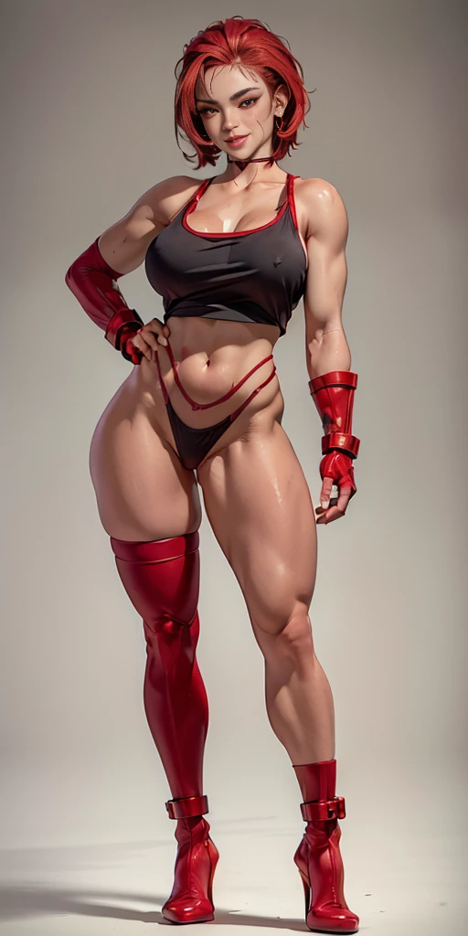 (plain background, 8k, best quality, masterpiece, realistic, photo-realistic:1.37) (full body height standing straight symmetrical contrapposto) (looking at viewer) 2legs apart (wide stance) ultra detailed, 1solo cute girl (beautiful detailed eyes) (smile:1.2) ((red cheeks, red eyes, red tank top, red thong, red gloves gauntlets, red stockings thighs))