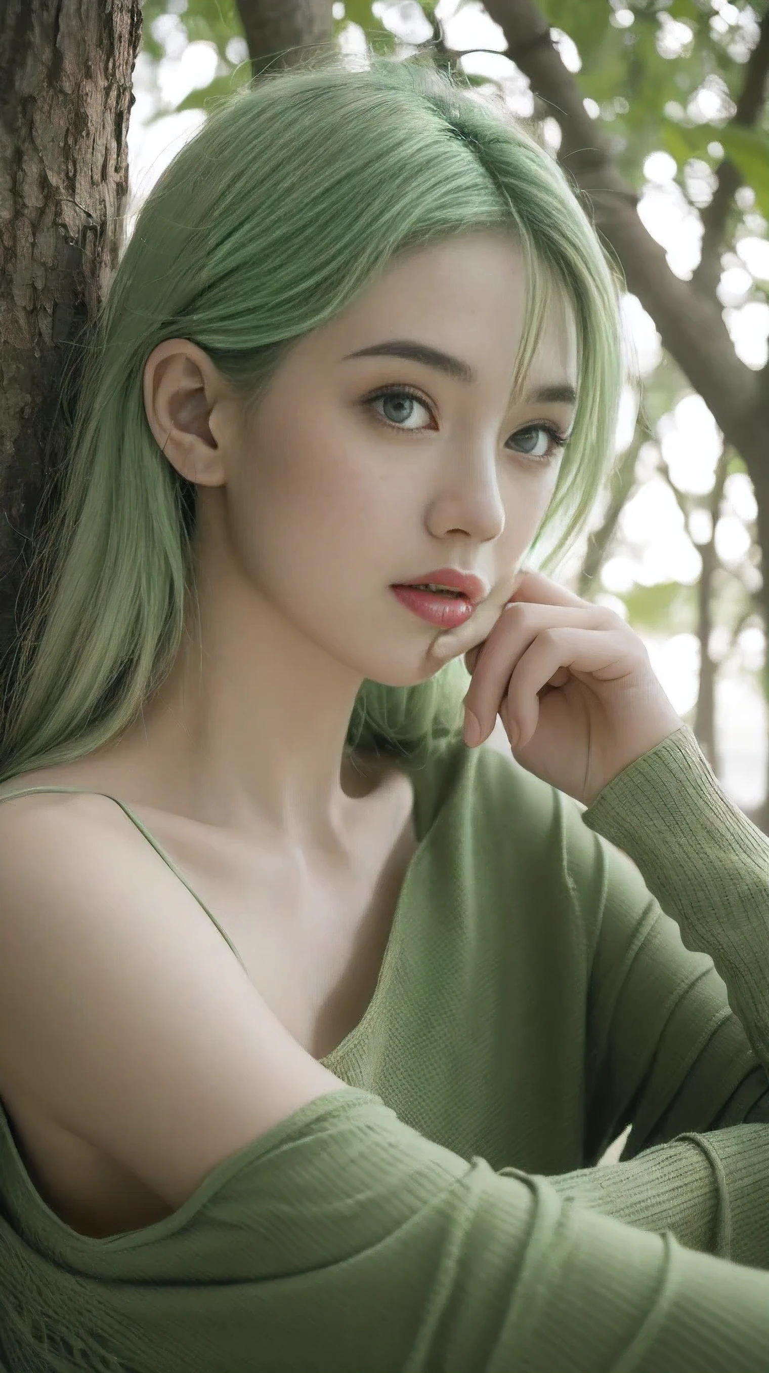 beautiful plant girl，Tree God，Green hair，With branches and leaves，Clear and refined face，（Close-up of the face），wearing leaf clothes，The background is forest，tmasterpiece，illustration