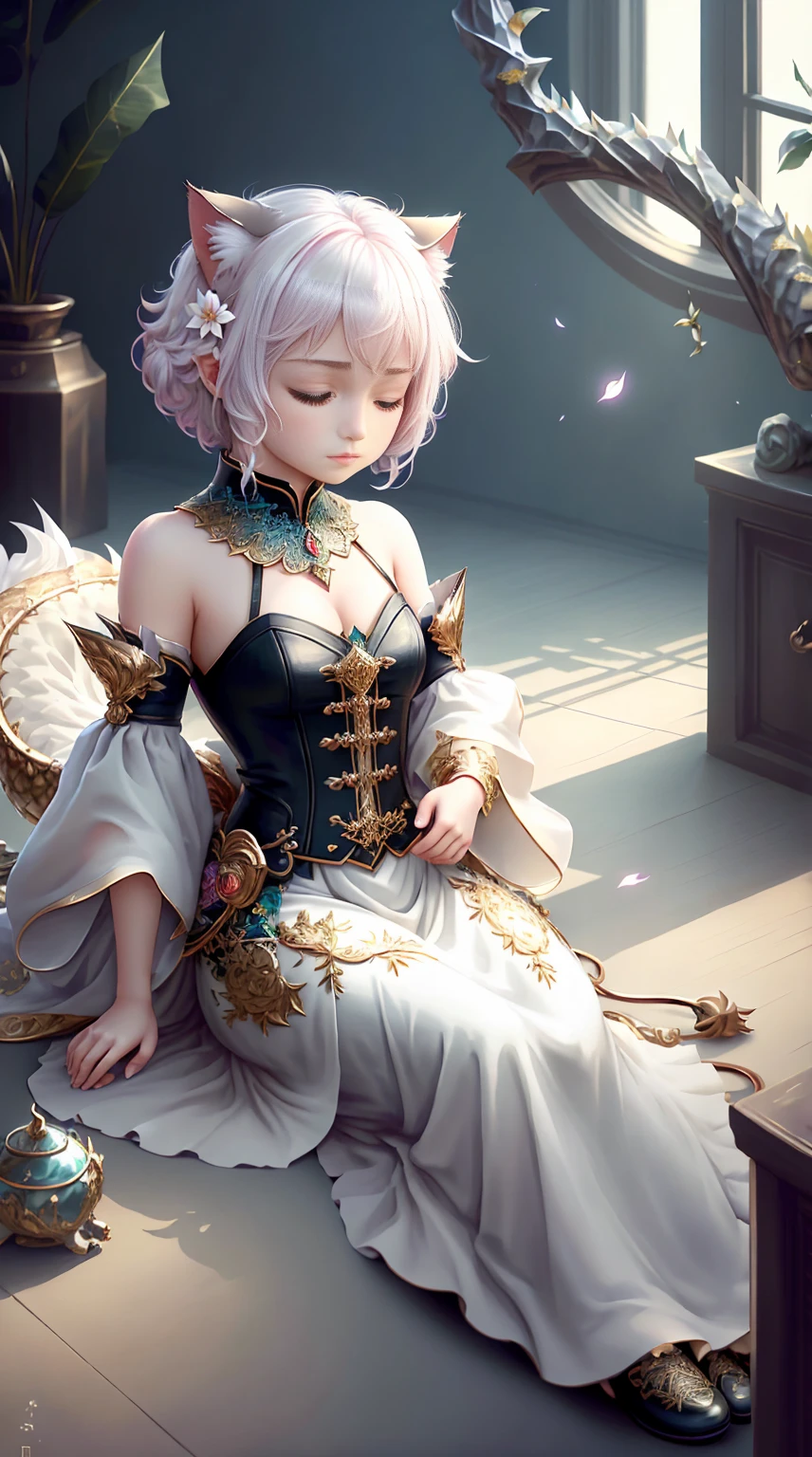 Faris Style, alone, hair ornaments, close your eyes, flower, wing, horn, Cat, white Cat, Dragon-Cat, hair flower, No humans, gem, Dragon, scale, eastern Dragon, Movie angle, Cinema Lighting, Shorthand, Depth of written boundary, Detailed Background, masterpiece, highest quality , Official Art ,