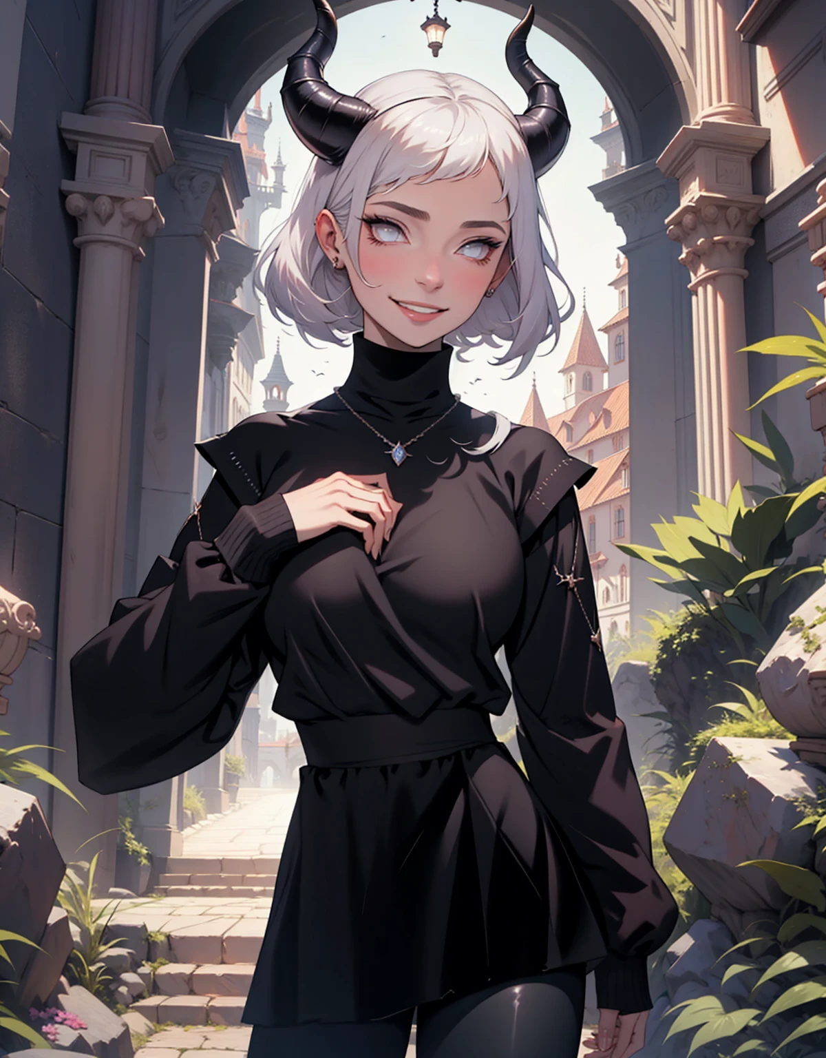 1 mulher, dressed up as maleficent, strong emotions, hinata, cabelo curto, (cabelo preto!!) , luz, foco, como malevola, corpo inteiro, horns on head, solo, magia ao seu redor, she is in front of a castle,(leggings and black blouse), from head to toe ((corpo inteiro!!!), maligna, rosto perverso, sorriso maligno