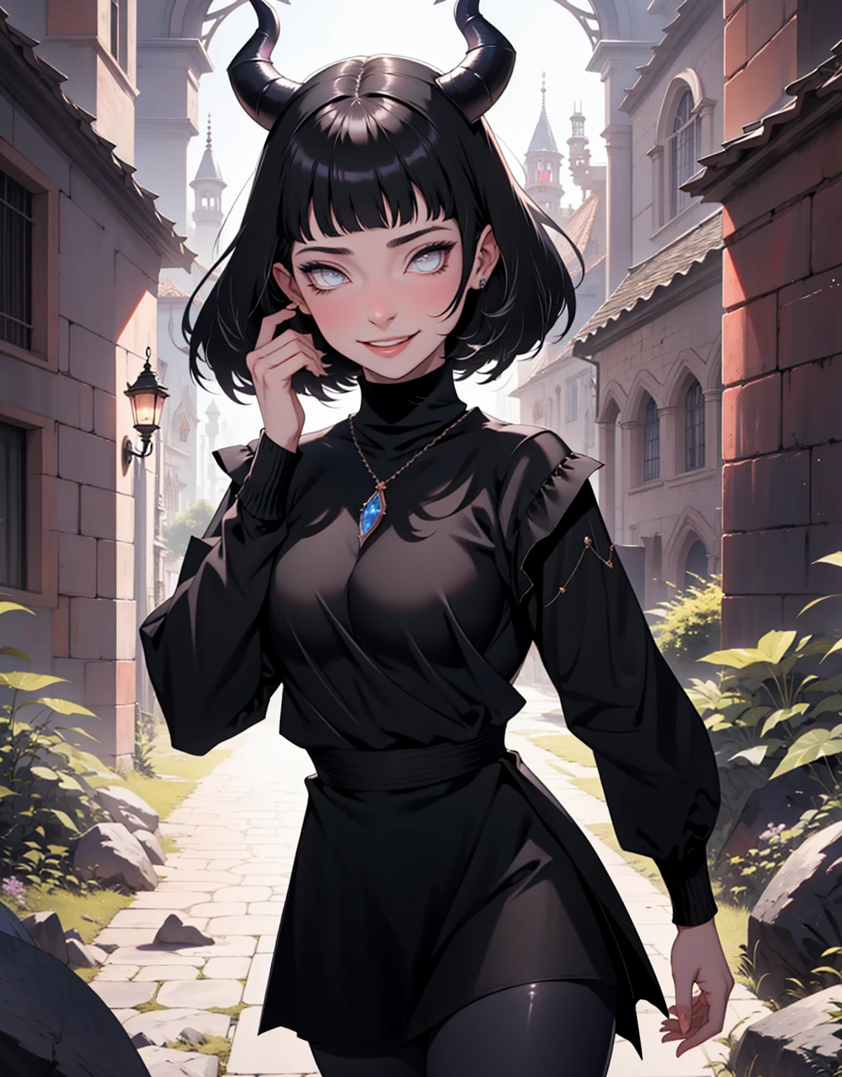 1 mulher, dressed up as maleficent, strong emotions, hinata, cabelo curto, (cabelo preto!!) , luz, foco, como malevola, corpo inteiro, horns on head, solo, magia ao seu redor, she is in front of a castle,(leggings and black blouse),  from head to toe ((corpo inteiro!!!), maligna, rosto perverso, sorriso maligno