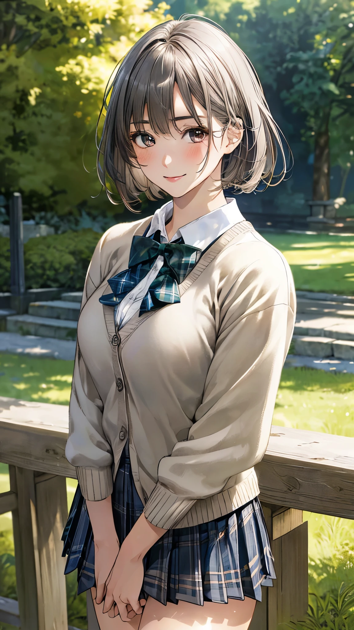 (masterpiece:1.3, top-quality, ultra high res, ultra detailed), (realistic, photorealistic:1.4), beautiful illustration, perfect lighting, natural lighting, colorful, depth of fields, surrealism, 
beautiful detailed hair, beautiful detailed face, beautiful detailed eyes, beautiful clavicle, beautiful body, beautiful chest, beautiful thigh, beautiful legs, beautiful fingers, shiny skin, 
looking at viewer, 1 girl, japanese, high school girl, (perfect anatomy, anatomically correct, super detailed skin), cute and symmetrical face, babyface, perfect face, perfect eyes, perfect fingers,
(short hair, straight hair, long sidelocks, grey hair), bangs, brown eyes, big eyes, long eyelashes, (medium breasts, seductive thighs), slender, outstanding style, 
(detailed cloth texture, break, plue-green pleated skirt, break, collared white shirt, break, blue-green plaid bow tie, light brown cardigan), break, 
(beautiful scenery), (grassy), standing, (arms behind back), (pretty smile), 