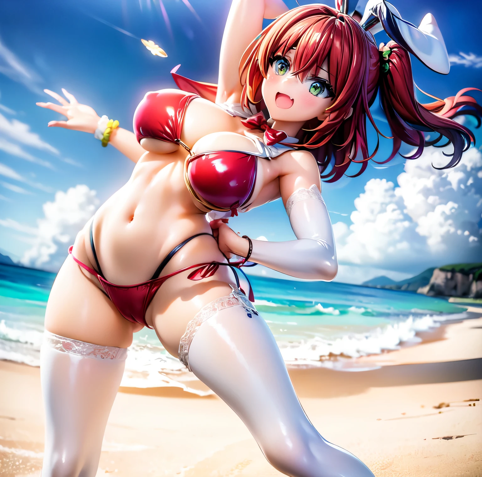 best quality, masterpiece, extremely detailed CG, official art , professional lighting, detailed background, sakimiyairuka, red hair, green eyes, one side up, medium hair, green scrunchie, hair ornament, gleaming skin, big breasts, groin, playboy bunny,(black pantyhose, bowtie, wrist cuffs)