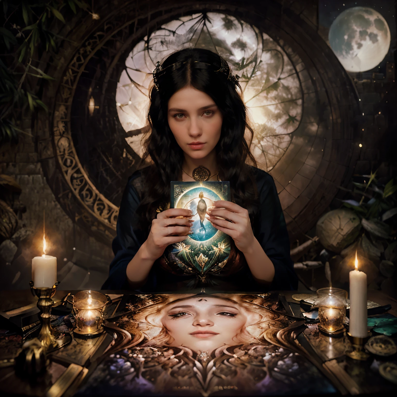 Imagen arafed de una mujer leyendo un libro frente a la luna llena., lanzamiento de hechizos, artistic style tom bagshaw, arte tom bagshaw, magia, Art style of Tom Bagshaw, tarot art, Por Tom Bagshaw, Por Tom Bagshaw, tom bagshaw ) ) ), lanzamiento de hechizos wizard, estilo tom bagshaw, estilo de tom bagshaw