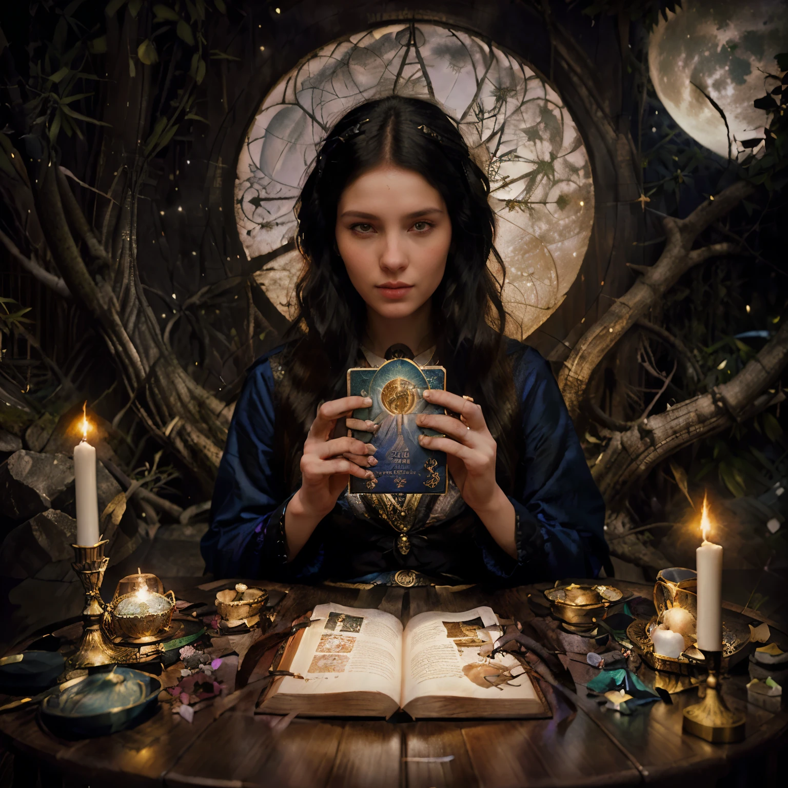 Imagen arafed de una mujer leyendo un libro frente a la luna llena., lanzamiento de hechizos, artistic style tom bagshaw, arte tom bagshaw, magia, Art style of Tom Bagshaw, tarot art, Por Tom Bagshaw, Por Tom Bagshaw, tom bagshaw ) ) ), lanzamiento de hechizos wizard, estilo tom bagshaw, estilo de tom bagshaw