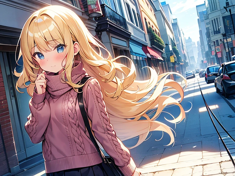 Top quality, 1 beautiful girl, junior high school student, Blonde, medium length hair, Wavy Hair, Hair blowing in the wind, standard weight, delighted, blush, walking, Cable-knit Sweater, (main street), beautiful scene, cowboy shot