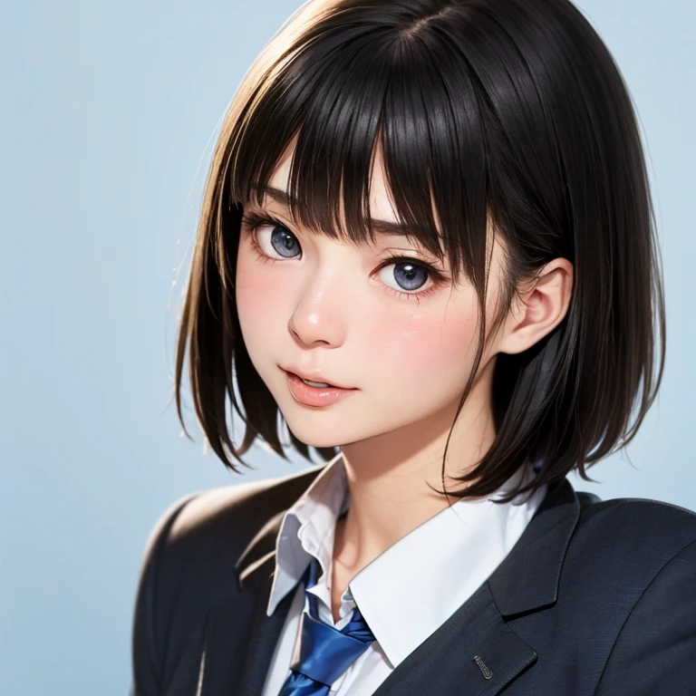 (kawaii 24 year-old Japanese girl, Nogizaka idol, Korean idol), (glossy hair, very short hair, bangs:1.3), (beautiful black eyes, rounded face, single eyelid, no makeup, embarrassed, noseblush, half opened eyes, half opened mouth:1.3), (wearing suit jacket, collared shirt, necktie:1.3), (extra small breasts:0.9), (looking at away:1.3), BREAK, (simple blue background:1.3), (view from side, bust shot:1.3), BREAK, (masterpiece, best quality, photo realistic, official art:1.4), (UHD, 8K quality wallpaper, high resolution, raw photo, golden ratio:1.3), (shiny skin), professional lighting, physically based rendering, award winning, (highly detailed skin, extremely detailed face and eyes), Carl Zeiss 85 mm F/1.4, depth of field, 1girl, solo,
