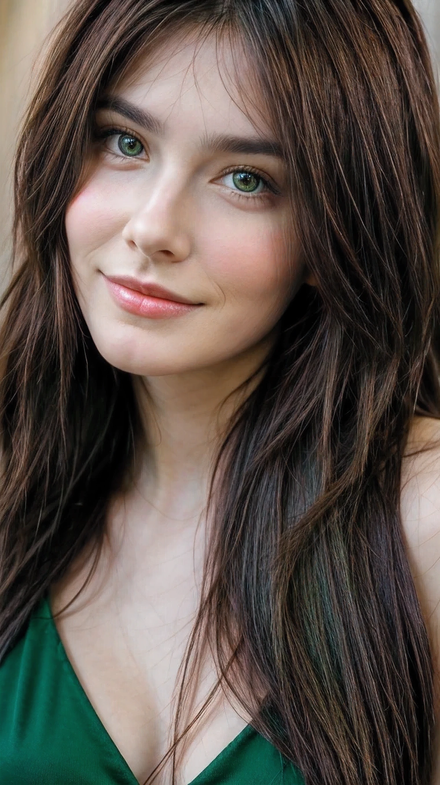 Beautiful brunette, smirk, green eyes, long hair, front face