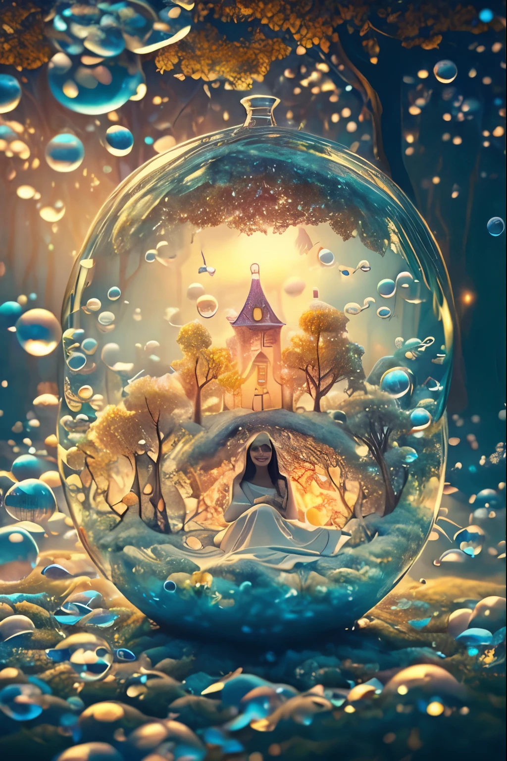 (cropped profile photo), ((1 beautiful young woman inside a soap bubble: 1.5)), sitting on a pink pillow, ((flying through a beautiful and magical fairy tale city: 1.4)), (hyper detailed : 1.3), ((clothes delicate dress with flower decorations: 1.4)), ((sunset background below a beautiful fairy tale landscape: 1.3)), ((Imaginative scene)), ((Perfect faces and bodies, meticulously detailed: 1.3)), ((far shot: 1.4)),((best quality)), ((masterpiece)), 3D, (((sunset:1.2))), (photorealistic:1.4), ((front camera)), (smiling happily, with her hands resting inside the soap bubble, surprised by the beautiful fairy city:1.4), ((Movie lighting: 1.2)), 32k.