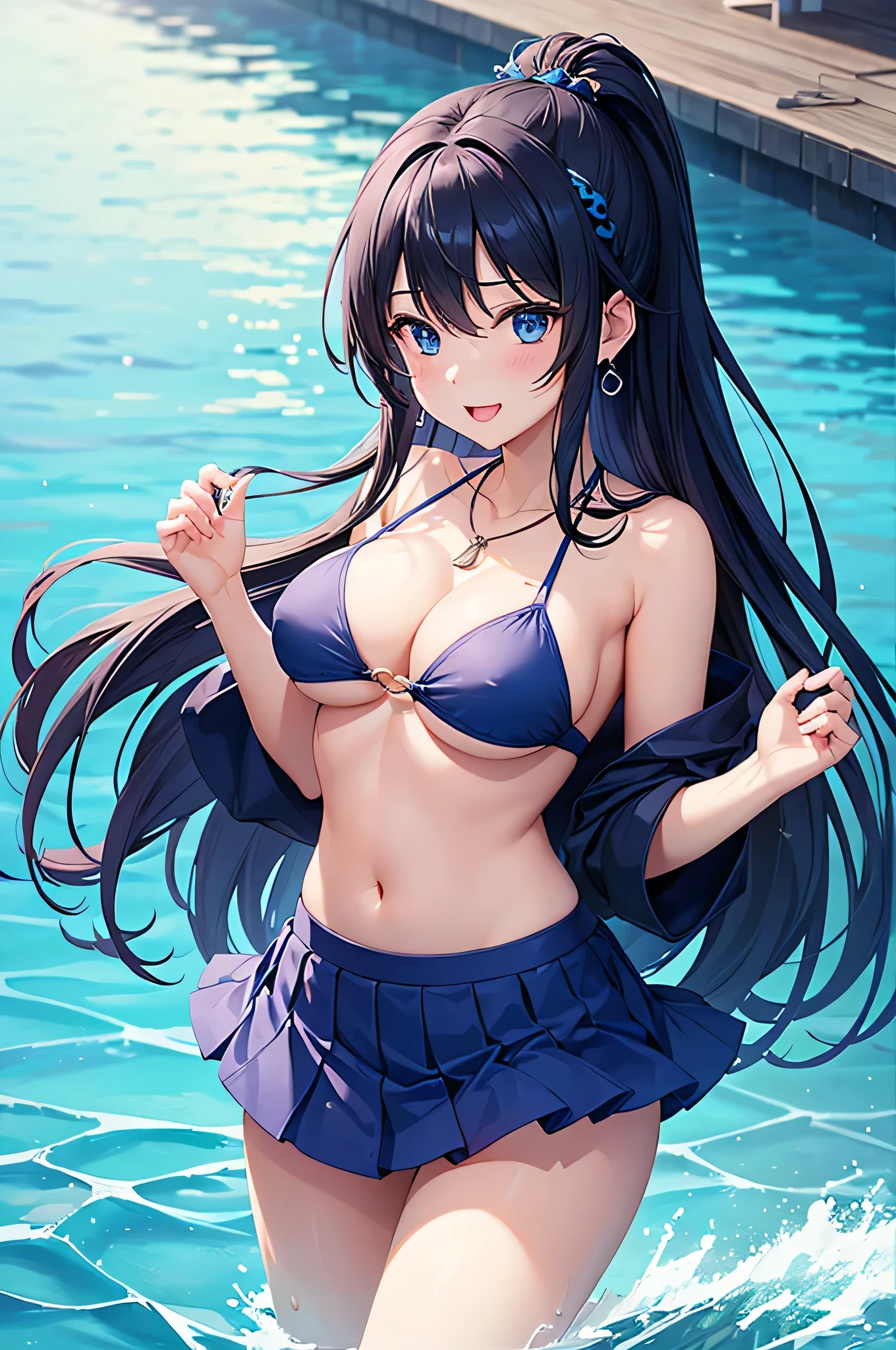 highest quality、Highest quality、masterpiece、beautiful girl、((1 female:1.5))、Navy blue long hair、blue eyes、Sexy bikini in dark blue、Big cleavage、(Big Breasts),smile、necklace、Blue earrings、situation(Swimming in the sea)、Open your mouth wide、Navy blue short skirt、white headband、Standing and immersing your feet in seawater up to your thighs、super close range、Emphasize the chest