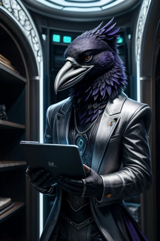 portrait, cinematic, masterpiece, detailed face, (anthropomorph raven), ((androgynous)), fine silver clothes, silver jewlery, high tech environment, standing up, holding a tablet