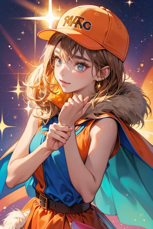 Linny has brown and tan fur. She wears an orange baseball cap and a blue cape . pink. SPARKLE; GLITTER