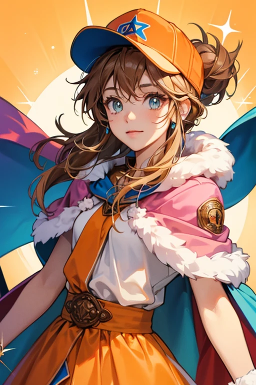 Linny has brown and tan fur. She wears an orange baseball cap and a blue cape . pink. SPARKLE; GLITTER
