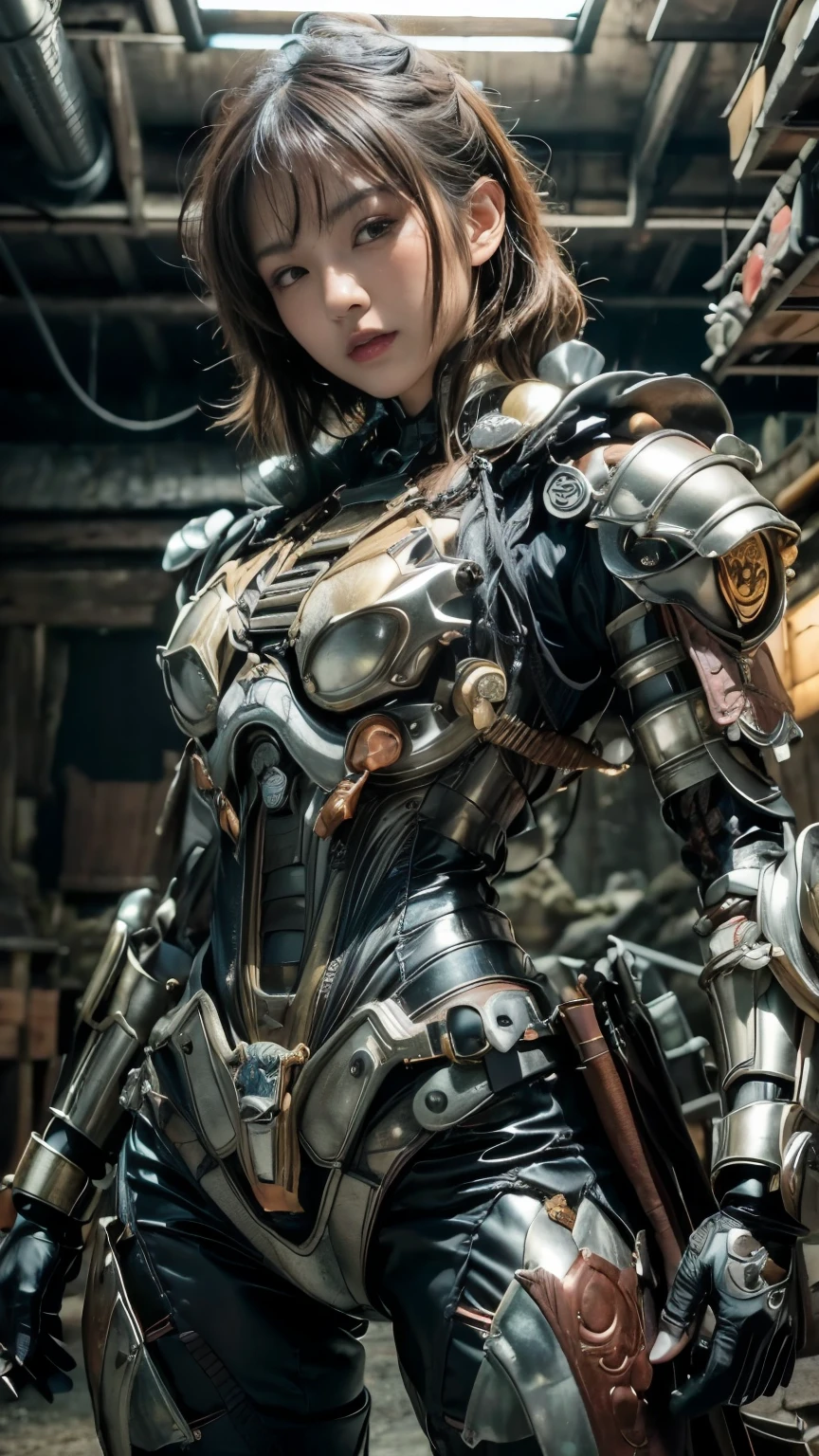 A woman in a futuristic suit holding a gun in a warehouse - SeaArt AI