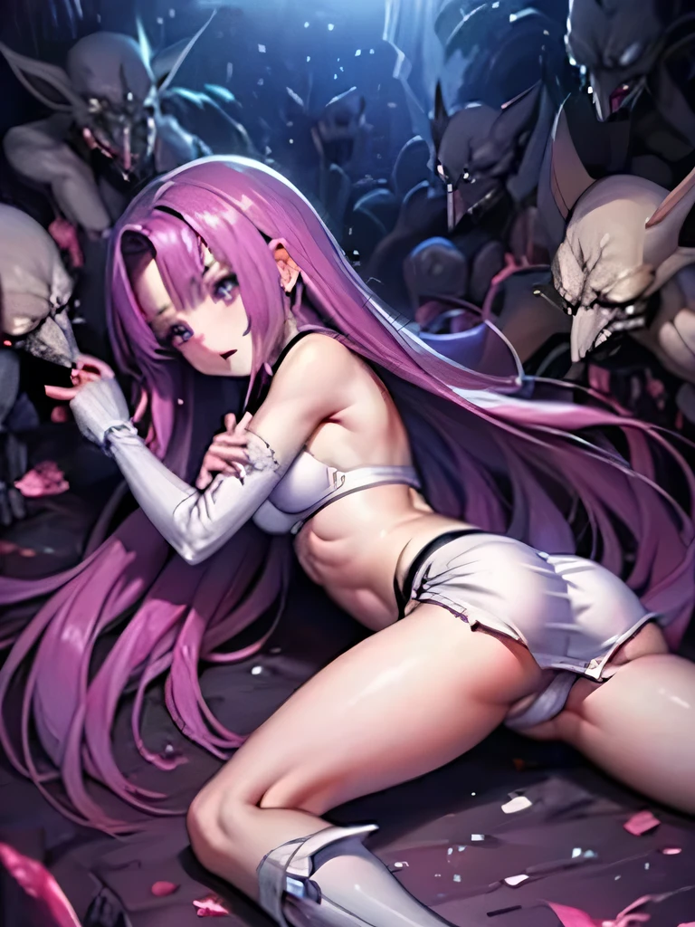 highest quality、Realistic、Battle of Despair 1:8、Beautiful woman with very long purple hair、A revealing white sports bra、Belly button、White panties、Exposed thighs、Short white armored boots below the knee、Tears overflow、Frightened expression、scream、run away、Attacked by mutants 1:5、Many violent mutants 1:5、Mutant Holding Arm、Mutant attacks from behind、Mutant grabs leg、Mutant Swarm 1:5、Midnight、another world、Dark fantasy、hell