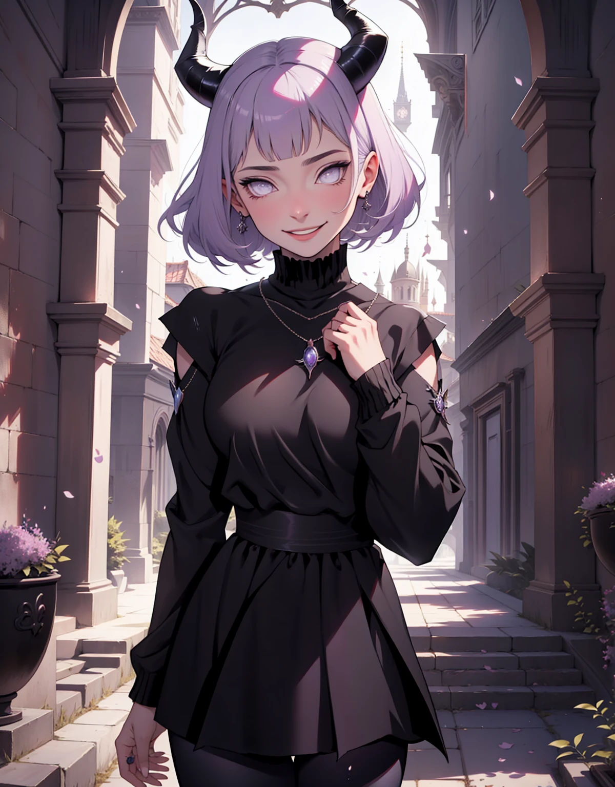1 mulher, dressed up as maleficent, strong emotions, hinata, cabelo curto, (cabelo preto!!) , luz, foco, como malevola, corpo inteiro, horns on head, solo, magia ao seu redor, she is in front of a castle,(leggings and black blouse), from head to toe ((corpo inteiro!!!), maligna, rosto perverso, sorriso maligno, lilac eyes