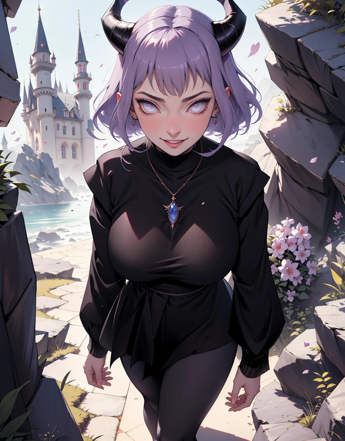 1 mulher, dressed up as maleficent, strong emotions, hinata, cabelo curto, (cabelo preto!!) , luz, foco, como malevola, corpo inteiro, horns on head, solo, magia ao seu redor, she is in front of a castle,(leggings and black blouse),  from head to toe ((corpo inteiro!!!), maligna, rosto perverso, sorriso maligno, lilac eyes