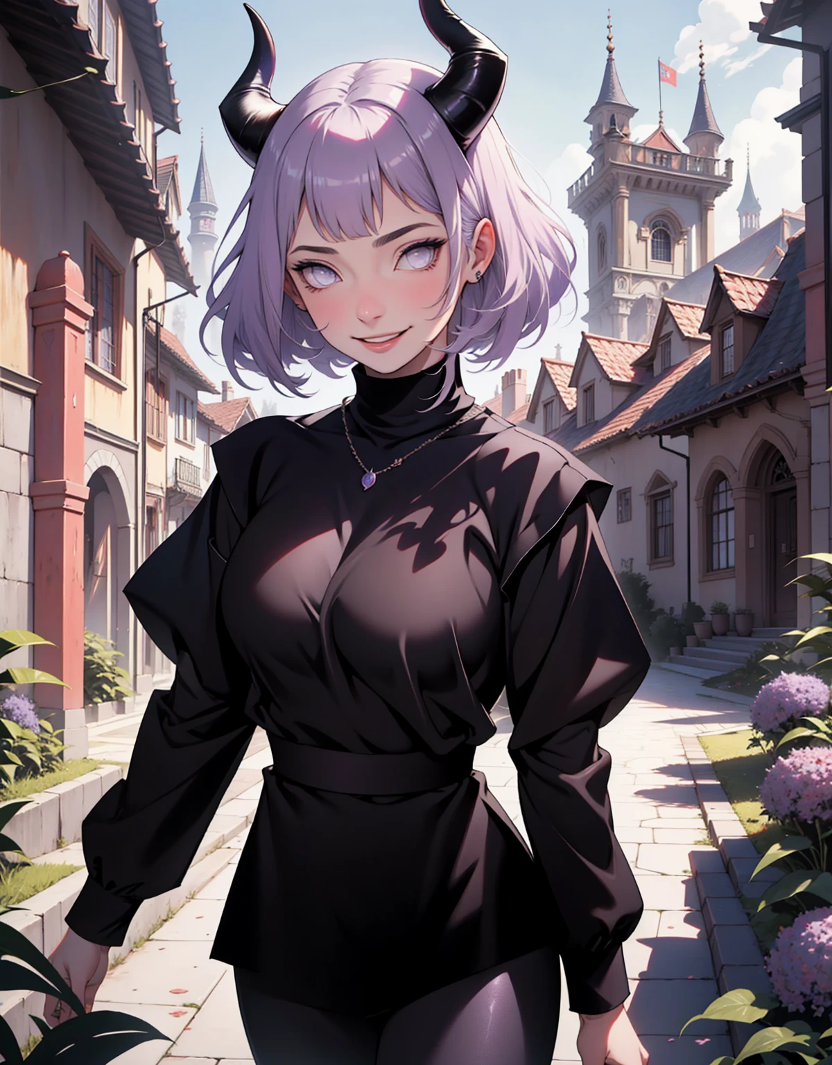 1 mulher, dressed up as maleficent, strong emotions, hinata, cabelo curto, (cabelo preto!!) , luz, foco, como malevola, corpo inteiro, horns on head, solo, magia ao seu redor, she is in front of a castle,(leggings and black blouse), from head to toe ((corpo inteiro!!!), maligna, rosto perverso, sorriso maligno, lilac eyes