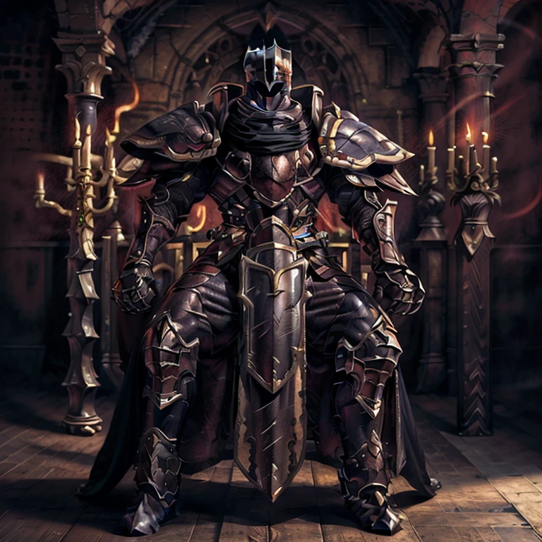 (masterpiece, best quality, detailed:1.2), detailed full body, a knight's mechanical armor, glowing wide and heavy armor, wears full body armor. massive muscles, huge pecs, chiseled abs, huge pectorals, exaggeratedly huge muscles. unusually developed muscular body big muscle, pecs, triceps, traps, waist narrow, unusually developed muscular body, Dark knight, BlackKnight_fe, The claws are sharp, Sharp teeth, He wears a black cloak on his back. sitting on the throne,