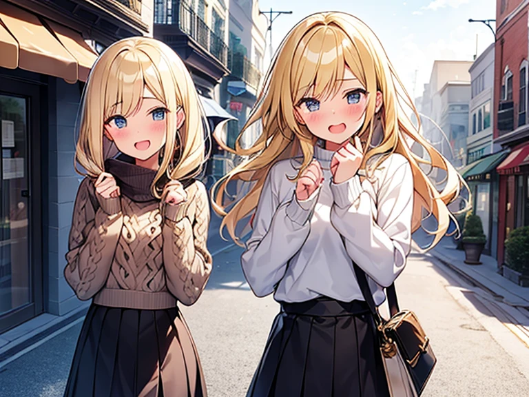 Top quality, 1 beautiful girl, junior high school student, Blonde, medium length hair, Wavy Hair, Hair blowing in the wind, standard weight, Cable-knit Sweater, laugh with an open mouth, blush, walking, (main street), beautiful scene, cowboy shot