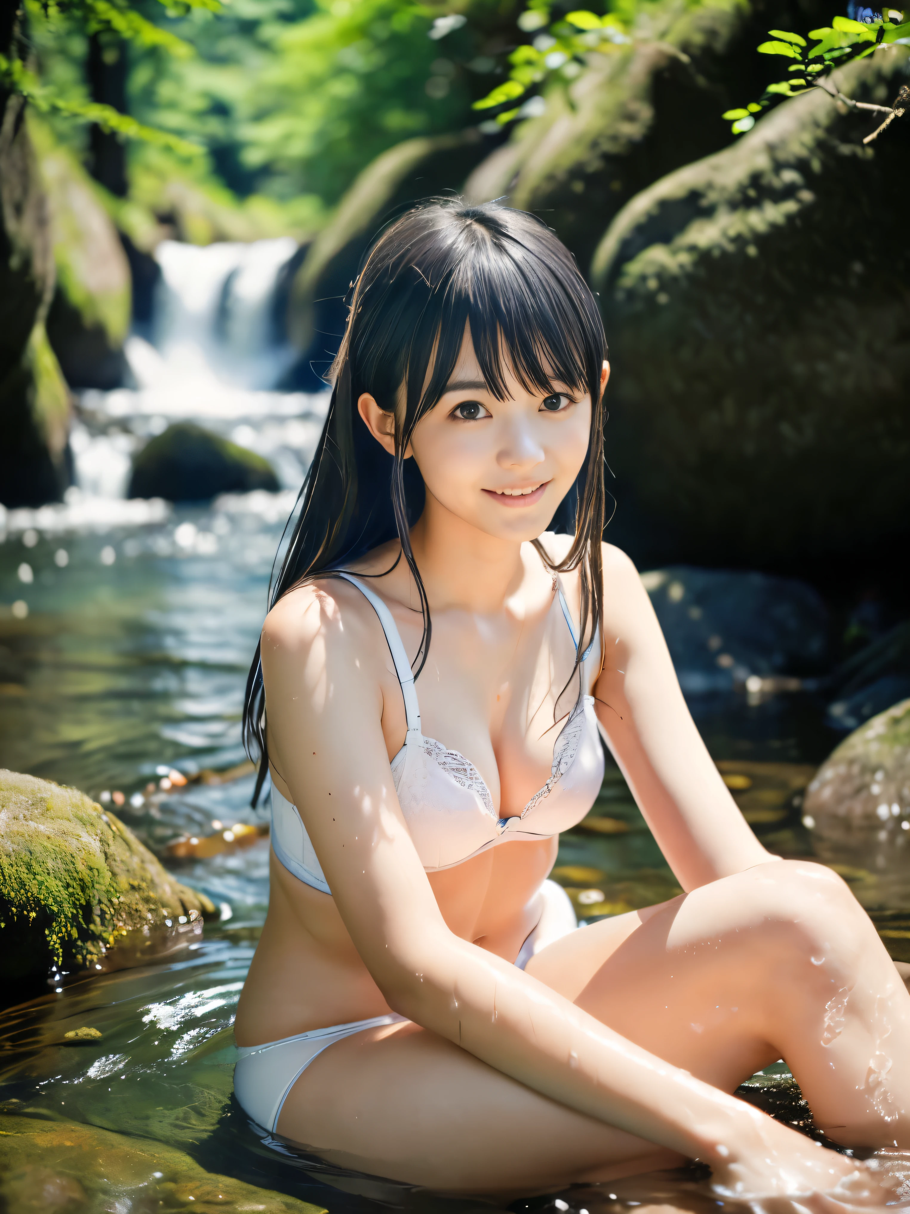 (Portrait of slender small-breasted dark silver long hair with swept bangs girl in white underwear:1.5)、(One girl is sitting with shy smile in the clear rapid stream and water fall at the forest in Japan:1.5)、(Summer beautiful blue sky and forest:1.5)、(blurred background:1.5)、(perfect anatomy:1.5)、(Photorealistic stick:1.5)、(Raw photo:1.3)、(highest quality:1.5)、(High resolution:1.3)、(Delicate and beautiful perfect face:1.3)、(Delicate and beautiful eye air skin:1.3)、(Real Human Skin:1.3)