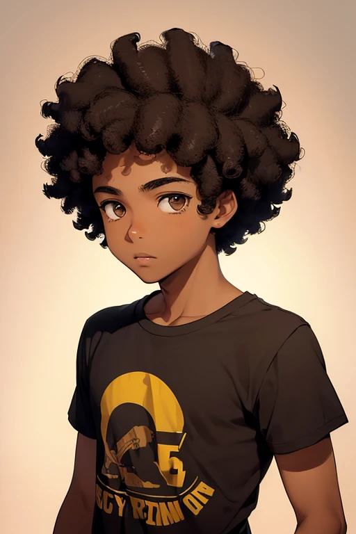 (Boy),(teenager 16 years old),(young),(light brown skin color),(bright brown eyes),(average physical height of a teenager),(short black curly hair Brazilian Afro style)