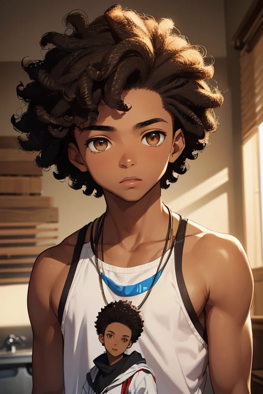 (Boy),(teenager 16 years old),(young),(light brown skin color),(bright brown eyes),(average physical height of a teenager),(short black curly hair Brazilian Afro style)