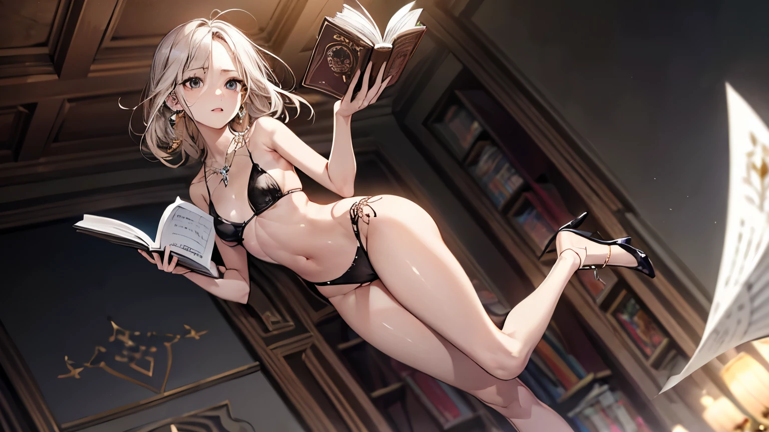 ((Biologically correct limb count))、(( Full-body photo including face))、4K、masterpiece、((Symmetrical facial features))、Eye for detailed depiction、Beautiful woman、Excellent style、Beautiful clavicle、Beautiful feet、Beautiful Hands、Slender body、(Small Ass、Thin thighs)、(High heels)、Facial detailing、Small earrings、necklace、Glancing sideways、tie、Great background、Low Angle、Reading a book